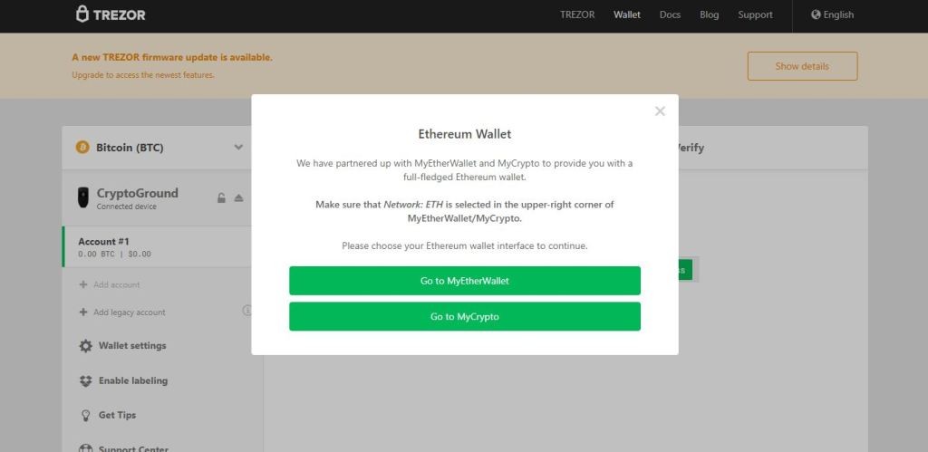 Select MyEtherWallet for Trezor